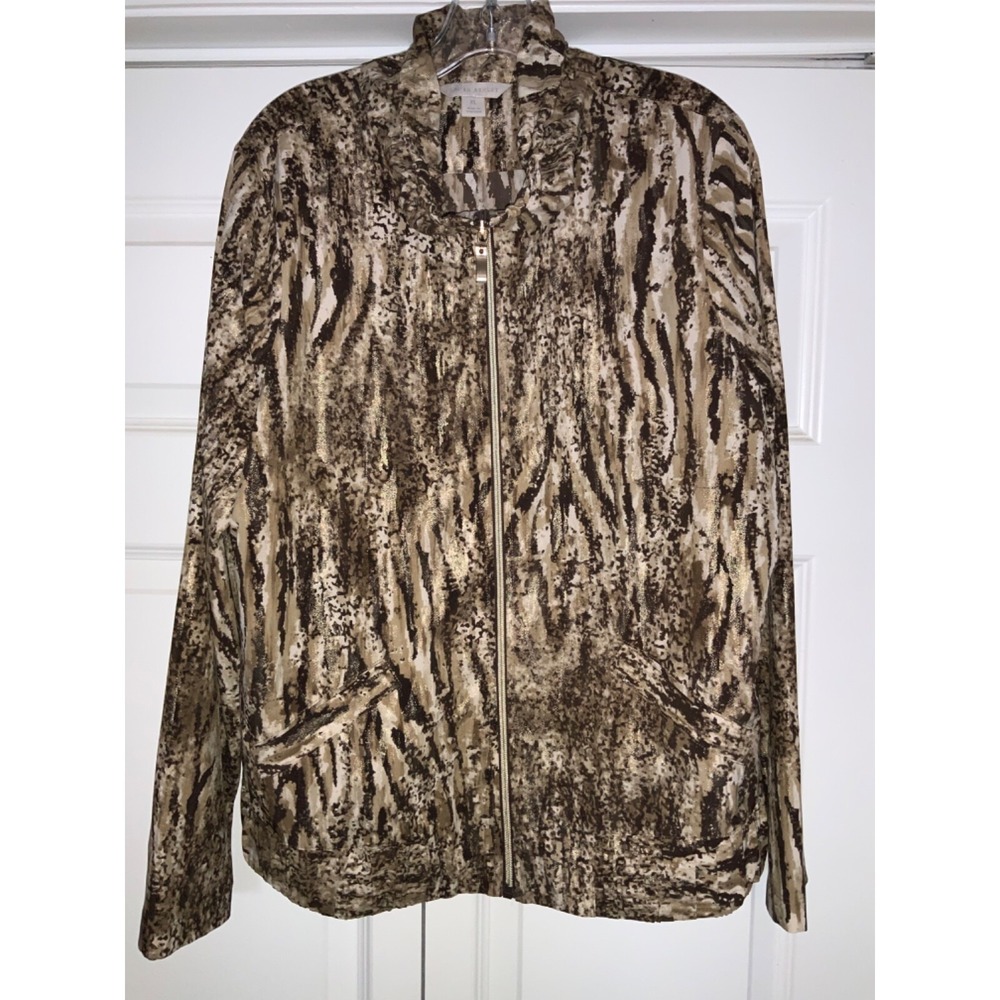 Laura Ashley XL Jacket Gold Metallic Animal Print Full Zip Lightweight Brown
